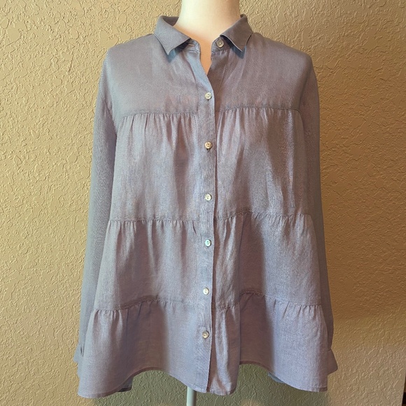 J. Jill Love Linen Periwinkle Blue Linen Tiered Long Sleeve Top Women's Size L - Picture 1 of 12